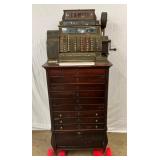 NATIONAL BRASS CASH REGISTER W/ ORIG. WOOD BASE 
