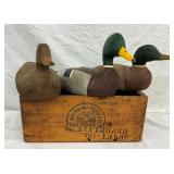 EARLY WOODEN BOX AND DUCK DECOYS