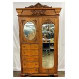 ORNATE OAK CHEVRO W/ BEVELED MIRRORS