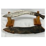 16-Inch Kukri Knife with Original Scabbard and Wooden Display Stands