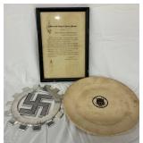 3 Items: Framed Civil War Address, Sterling China Plate, and Gear-Like Metal Plaque