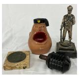 4 Military-Themed Decorative Items, Including Ceramic, Metal, and Marble Pieces