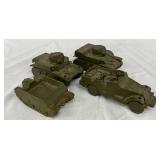 4 Vintage-Style 4-5 Inch Painted Metal Military Vehicle Models