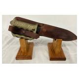 WWII-Era 10-Inch Trench Knife with Metal Knuckle Handle and Leather Sheath