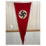 WWII German Triangular Red Cloth Flag with Black Swastika, 25in x 65in