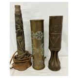 3 WW2-Era Shell Casings with Relief Designs, 13-16 Inches