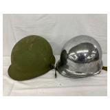 2 WW2-Era Helmets, Including Green Painted and Polished Metal Variants