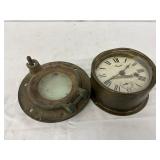 Two Early Brass Items: Clock and Porthole, 8in and 7in