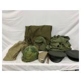 Early Military Items Including Helmet, Hats, Duffel Bag, and Accessories