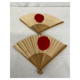 Early 1940s Japanese Hand Fans with Red Dot Design, 10×9 Inches