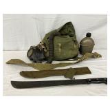 Early U.S. War Era Gas Mask with Carry Bag, Machete, Strap, and Water Jug