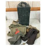 WW2-Era Gear Including Medical Bag, Protective Mask, Wooden Trunk, and Magazine Holsters