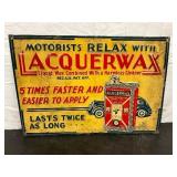 Rare Early Emb. Lacquerwax Adv Sign, 19 1/2 x 13 1/2 Inches