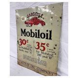 Early Emb Tin Tacker Mobil Oil Sign by Vacuum Oil Company, 14in x 18in