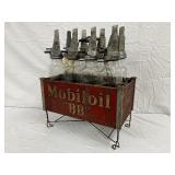 Mobil Oil Rack with 8 ‘BB’ Glass Bottles with Metal Spouts 