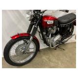 Triumph Bonneville TR6 Motorcycle with Red and Chrome Finish, Twin Cylinder Engine, Dual Exhaust - w