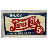 Emb. Early Pepsi-Cola Double Dot 5 Cent  Sign, 56×31 Inches