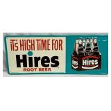 Emb. Hires Root Beer with Carton Metal Sign by Stout Sign Co., 30×12 