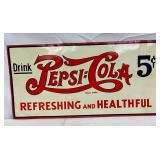 Emb. Pepsi-Cola 5-Cent Double-Dot Tin Tacker Sign, 23 x 11.5 in