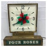 Four Roses Whiskey Clock, Early Electric Model, 12 x 13 Inches
