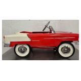 Red and Cream Steel Pedal Car with Chrome Accents and Hubcaps, Replica, Measures 36(L)x18(W)x20(T)