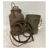 Metal Jug, Bucket, and Pulley