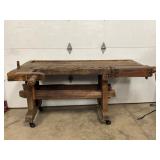 Early Wooden Two-Piece Work Table With Vices 