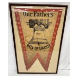 Framed 1876 Centennial Pintail Cloth Banner Depicting the Liberty Bell, 34x20 