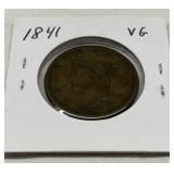 1841 Braided Hair Large Cent Coin in Display Holder