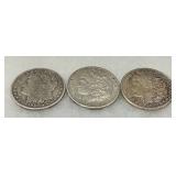 Three Morgan Silver Dollars, 1887, 1901, 1921