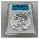 1988 Silver American Eagle Coin, MS69 by ECG Grading