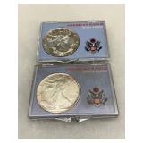 Two American Eagle Silver Dollars, 1991 and 1992, in Plastic Cases