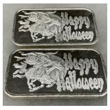 Two 1-Ounce .999 Fine Silver Bars with Happy Halloween Design