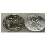 Two American Silver Eagle Coins, 1990 and 2023, 1 oz Fine Silver