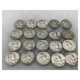 20 Franklin Half Dollars, 90% Silver, Mixed Dates and Mint Marks