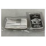 Two 1 oz .999 Fine Silver Bars Featuring American Flag and Buffalo Designs