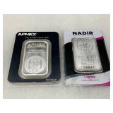 Two 1 oz Silver Bars: APMEX and Nadir Metal Refinery