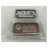 Two 1 Troy Ounce .999 Fine Silver Bars from APMEX and OPM Metals