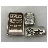 Three 1 Troy Ounce .999 Fine Silver Bars and Rounds by Johnson Matthey and Others