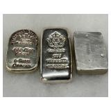Three Silver Bars with Various Markings, Including Scottsdale Mint