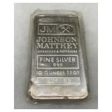Johnson Matthey 10 Ounce .999 Fine Silver Bar in Original Packaging