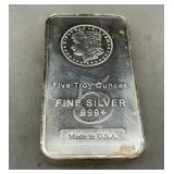 Five Troy Ounce .999+ Fine Silver Bar with Liberty Coin Design