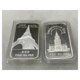 .999 Fine Silver 1 Troy Ounce Bars: Eiffel Tower and Independence Day Designs