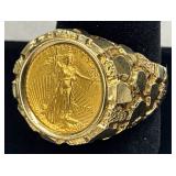 5 Dollar Gold Coin Ring with Nugget-Style Band