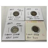 4 U.S. Liberty Seated Half Dimes, 1854-1857