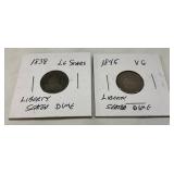Two Liberty Seated Dimes: 1838 Large Stars and 1845 VG