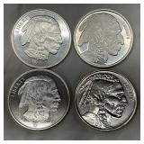 Four .999 Fine Silver Buffalo Rounds, One Troy Ounce Each