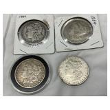 Four Morgan Silver Dollars, 1878, 1881, 1884, 1904
