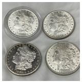 Four Morgan Silver Dollars, Various Dates (1880, 1883, 1889, 1921)