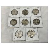 8 Walking Liberty Half Dollar Coins, 1940-1946, XF Condition